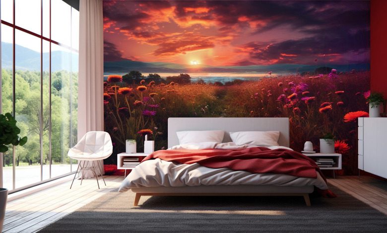 sunset over meadows bedroom wallpaper mural photo wallpapers demural