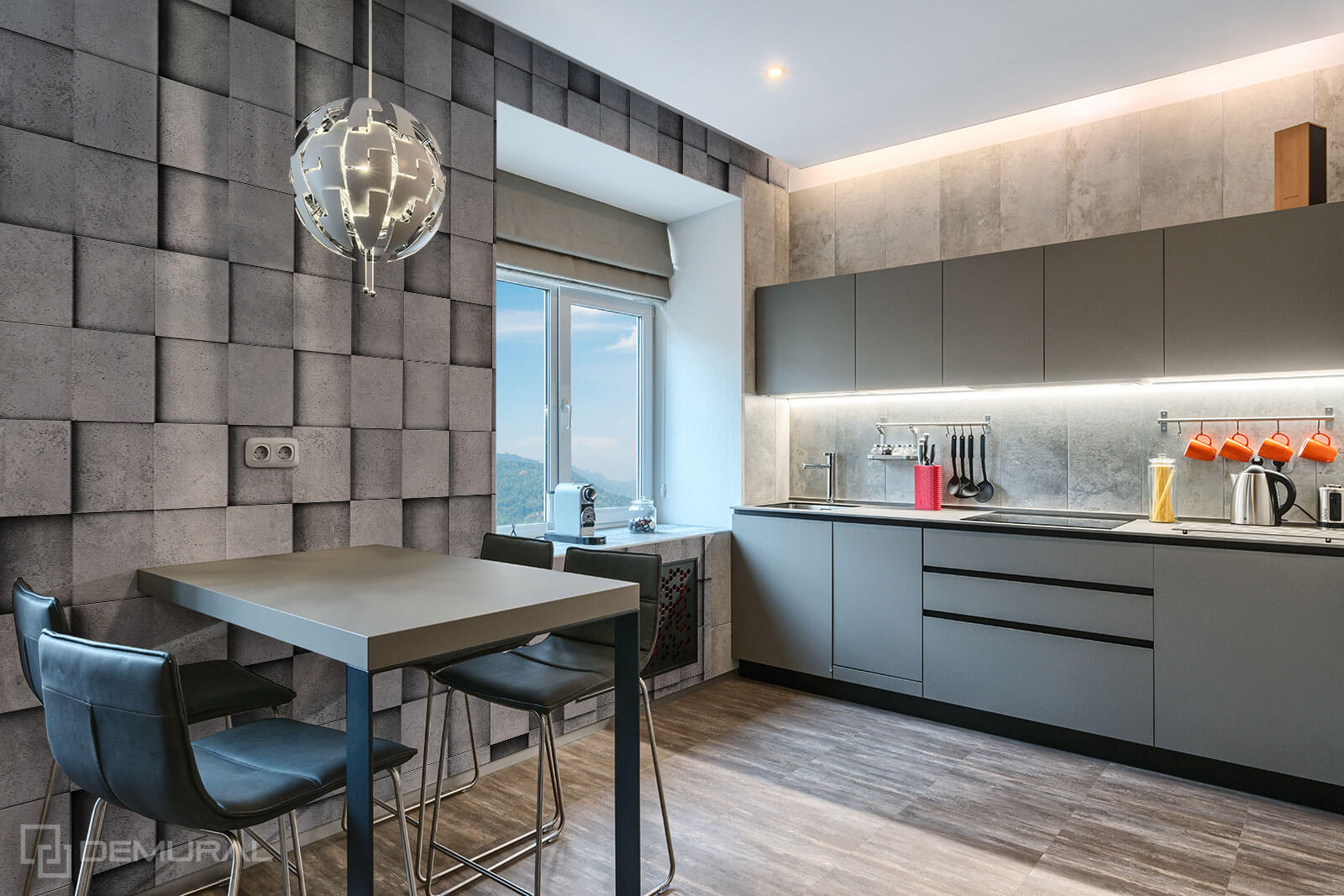 Photo wallpaper Concrete cubes - Photo wallpaper in big kitchen - Demural