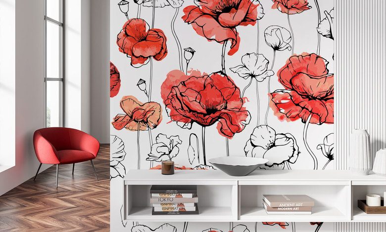 watercolour field of poppies flowers wallpaper mural photo wallpapers demural