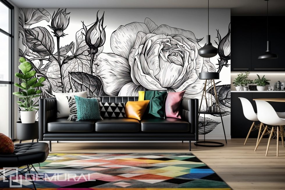 Rose graphics with a claw Black and white wallpaper, mural Photo wallpapers Demural