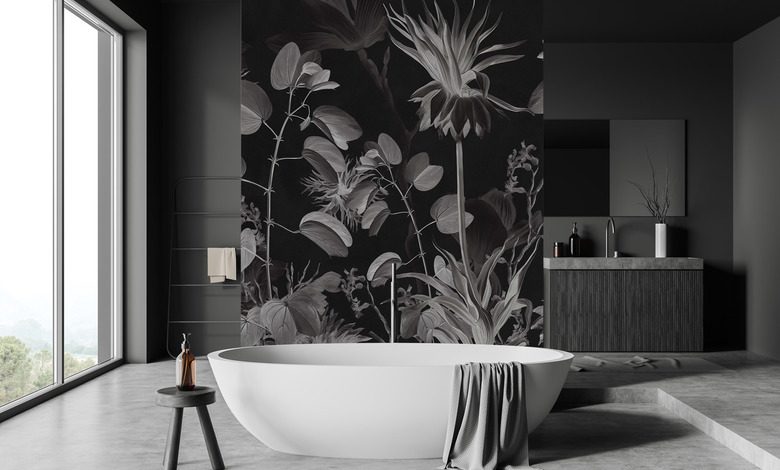 botanical elegance in black and white bathroom wallpaper mural photo wallpapers demural