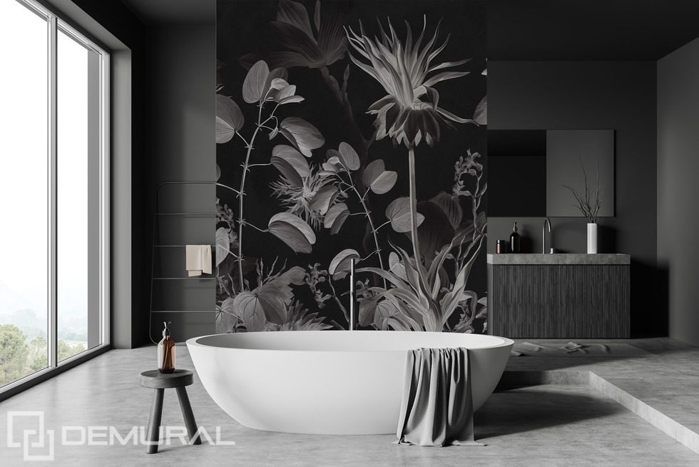 Botanical elegance in black and white Bathroom wallpaper mural Photo wallpapers Demural