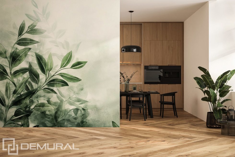 A green symphony of leaves in a modern version Kitchen wallpaper mural Photo wallpapers Demural