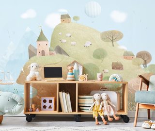 pastel hills and sheep in a fairytale world childs room wallpaper mural photo wallpapers demural