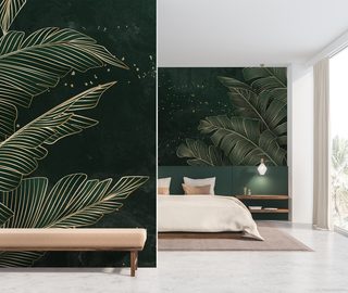 golden leaves on an emerald tropical background bedroom wallpaper mural photo wallpapers demural