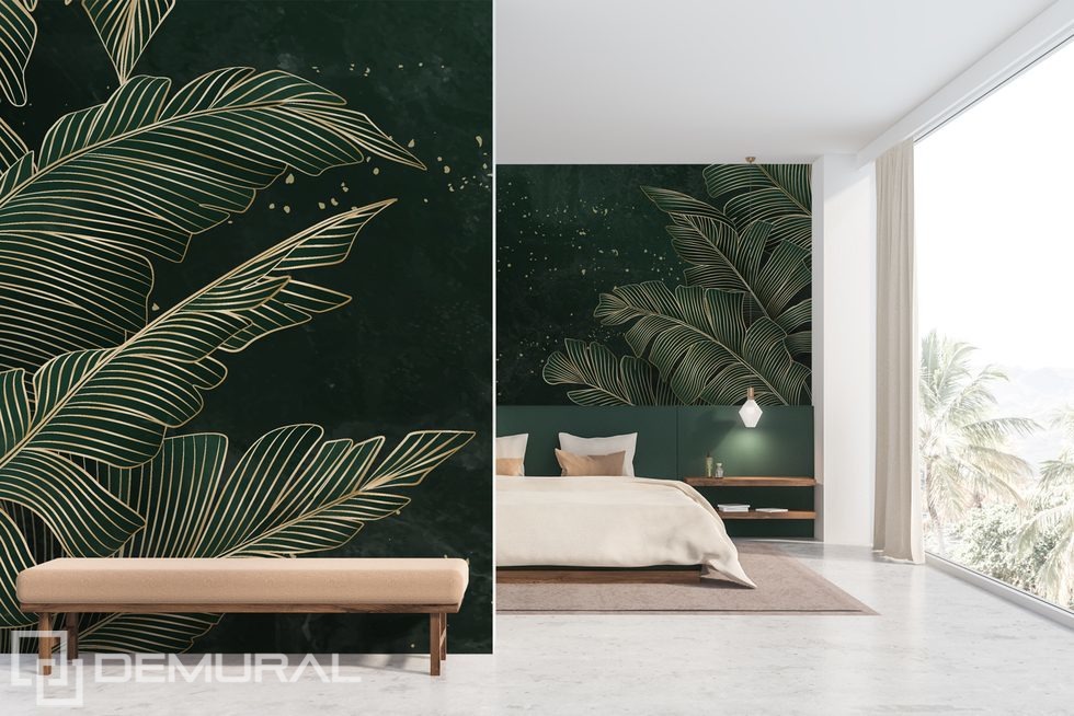 Golden leaves on an emerald tropical background Bedroom wallpaper mural Photo wallpapers Demural