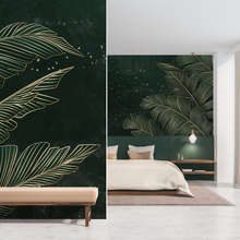 Golden-leaves-on-an-emerald-tropical-background-bedroom-wallpaper-mural-photo-wallpapers-demural