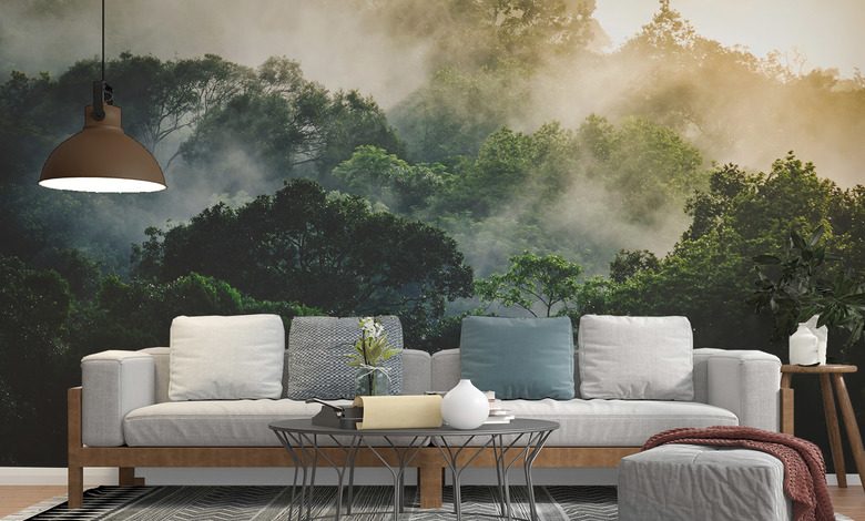 morning mist over a tropical forest living room wallpaper mural photo wallpapers demural