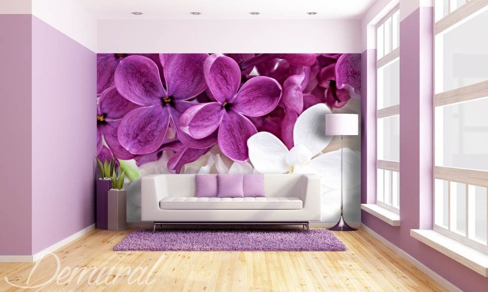 Violets in a living room - Living room wallpaper mural - Photo ...