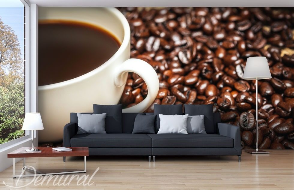 A cup of coffee on coffee Coffee wallpaper mural Photo wallpapers Demural