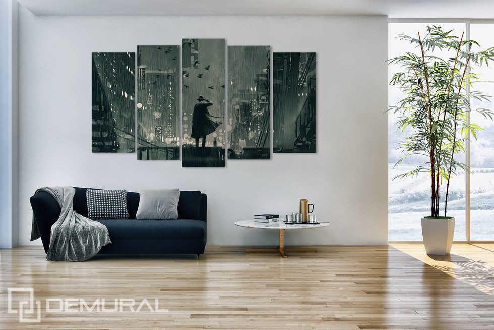 A gloomy view of the city surrounded by white Canvas prints People Canvas prints Demural