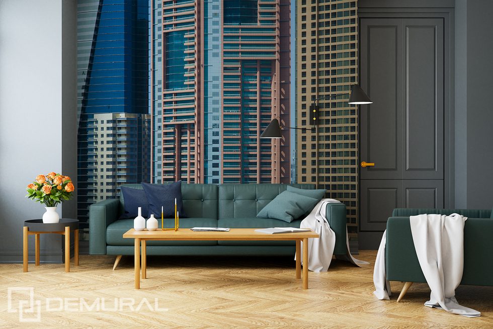 A living room with an urban character Cities wallpaper mural Photo wallpapers Demural