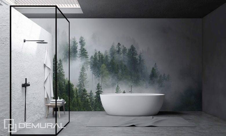 admire the misty forest from afar bathroom wallpaper mural photo wallpapers demural